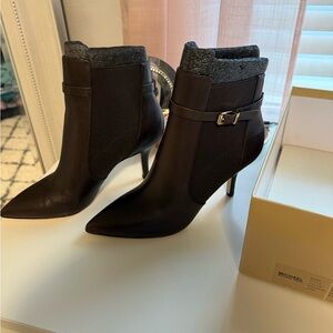 Michael Kors Dark Chocolate Brown Heeled Boots with Gold Buckle accent